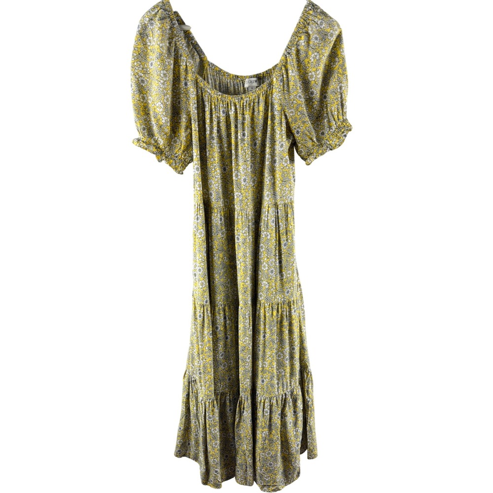 JCrew Yellow Floral Tiered Maxi Dress Sz S Puff Sleeve Pockets Cottage Coquette